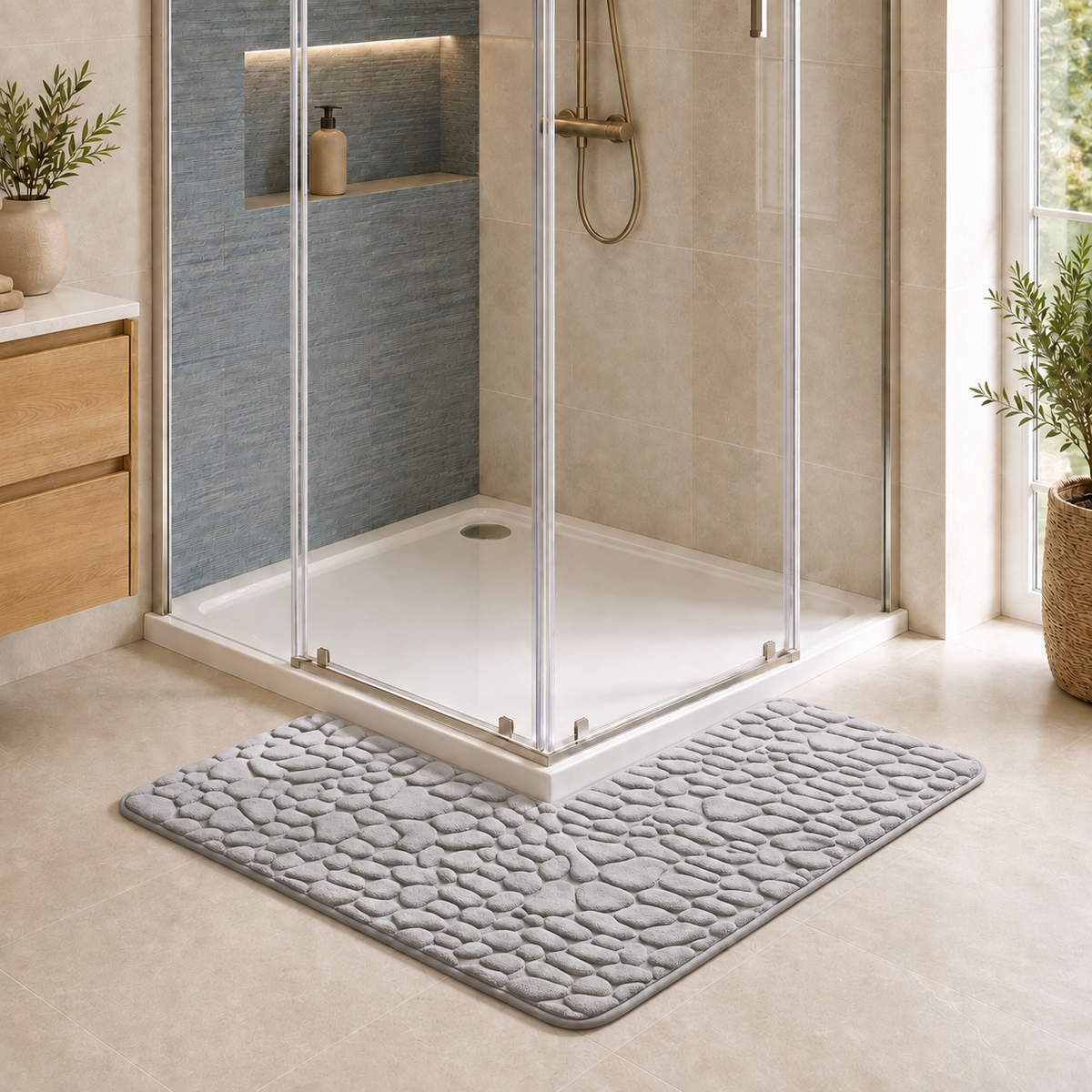 Tapis de bain d'angle effet galet