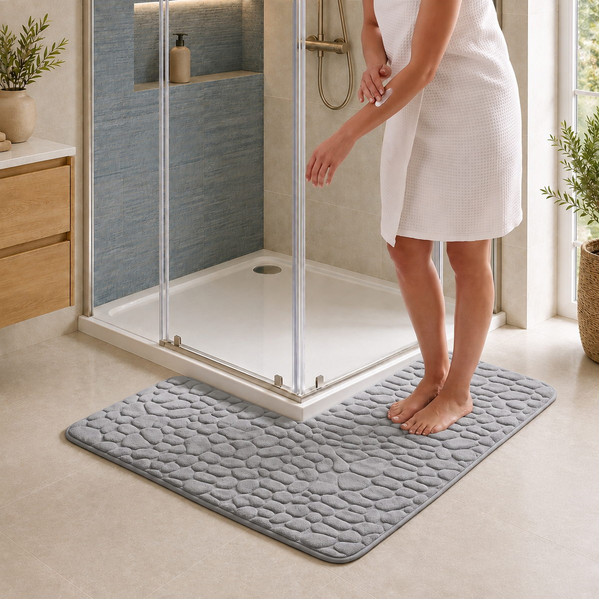 Tapis de bain d'angle effet galet