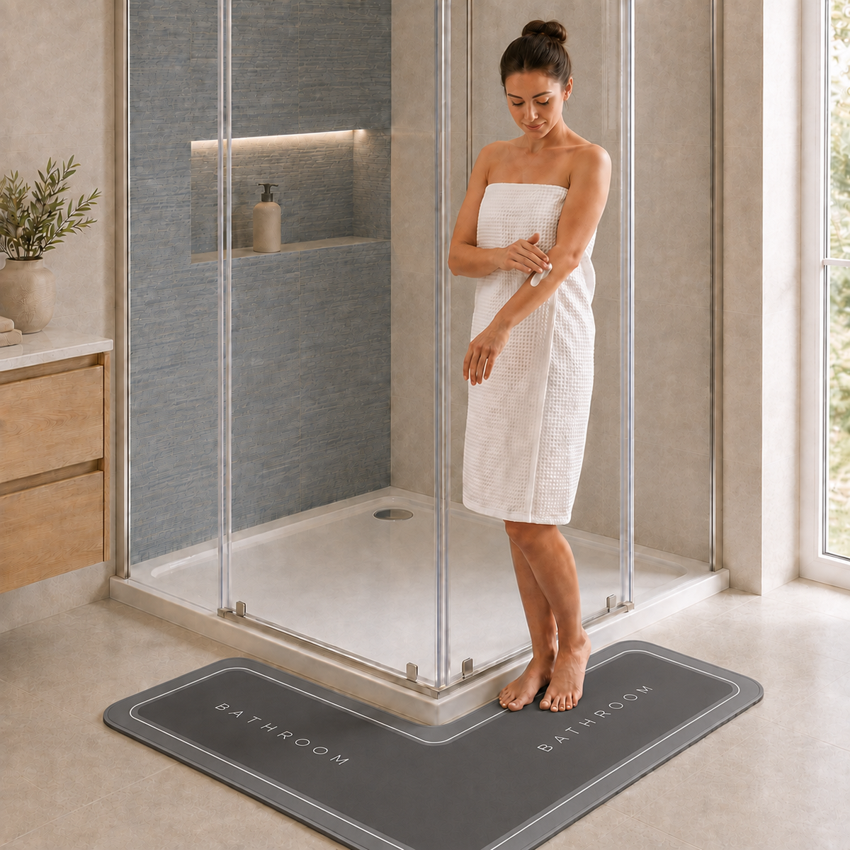 Tapis de bain d'angle antidérapant effet diatomite