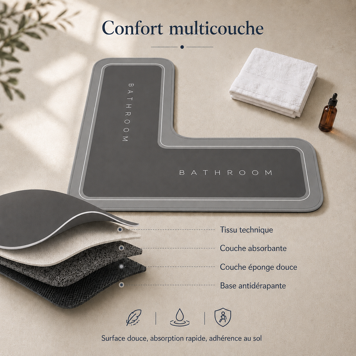 Tapis de bain d'angle antidérapant effet diatomite
