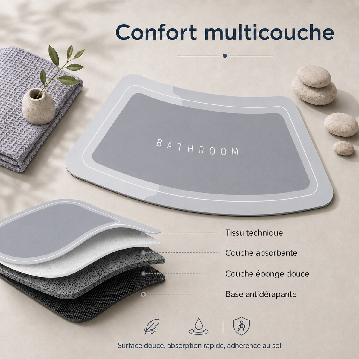 Tapis de bain antidérapant effet diatomite – Forme incurvée