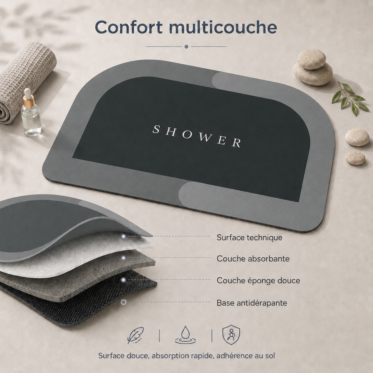 Tapis de bain antidérapant effet diatomite – Forme arche