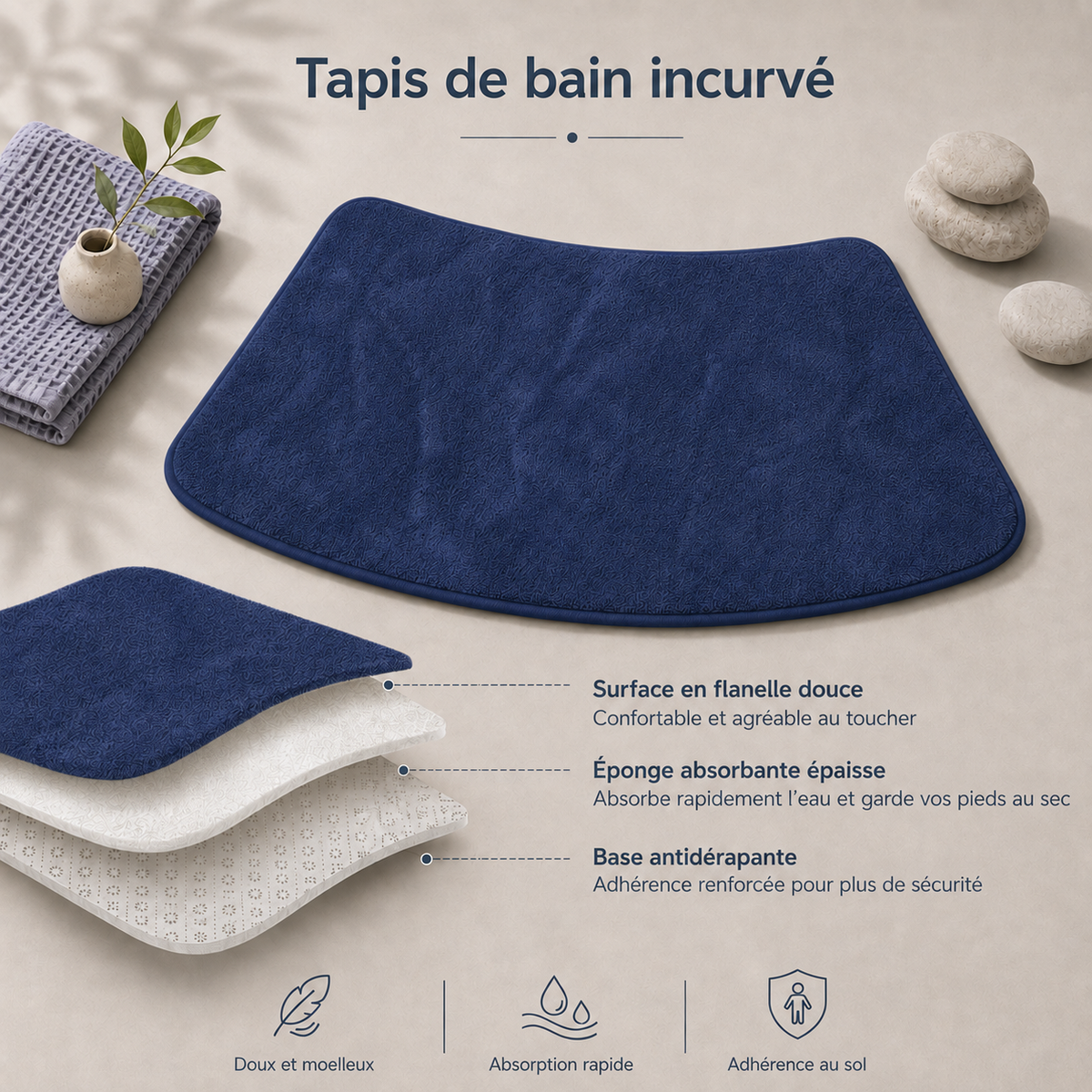 Tapis de bain absorbant incurvé