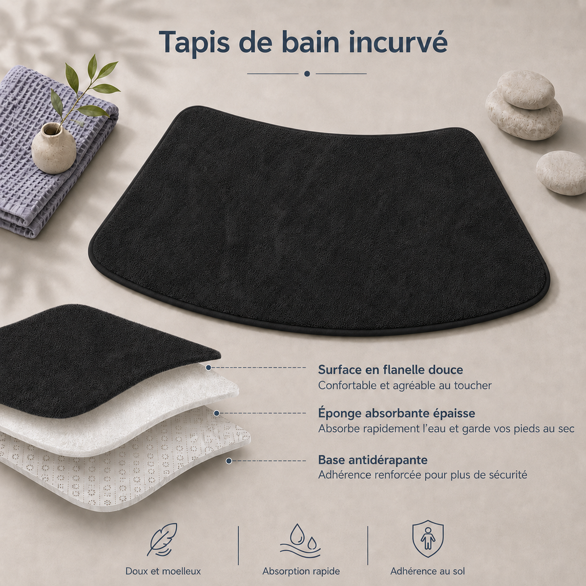 Tapis de bain absorbant incurvé