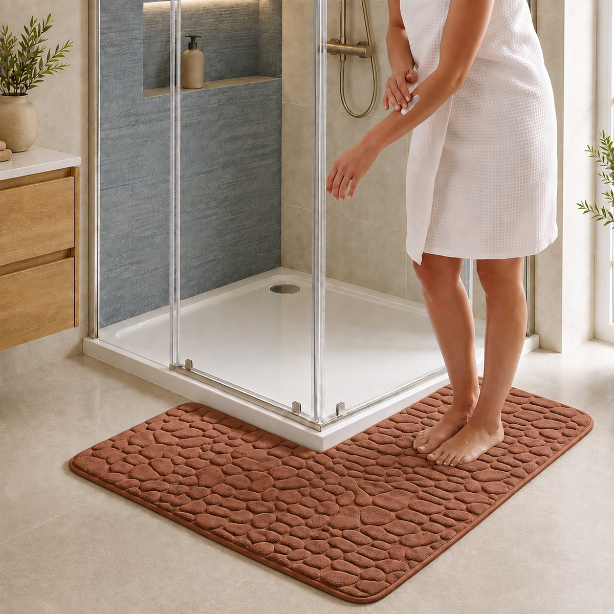 Tapis de bain d'angle effet galet