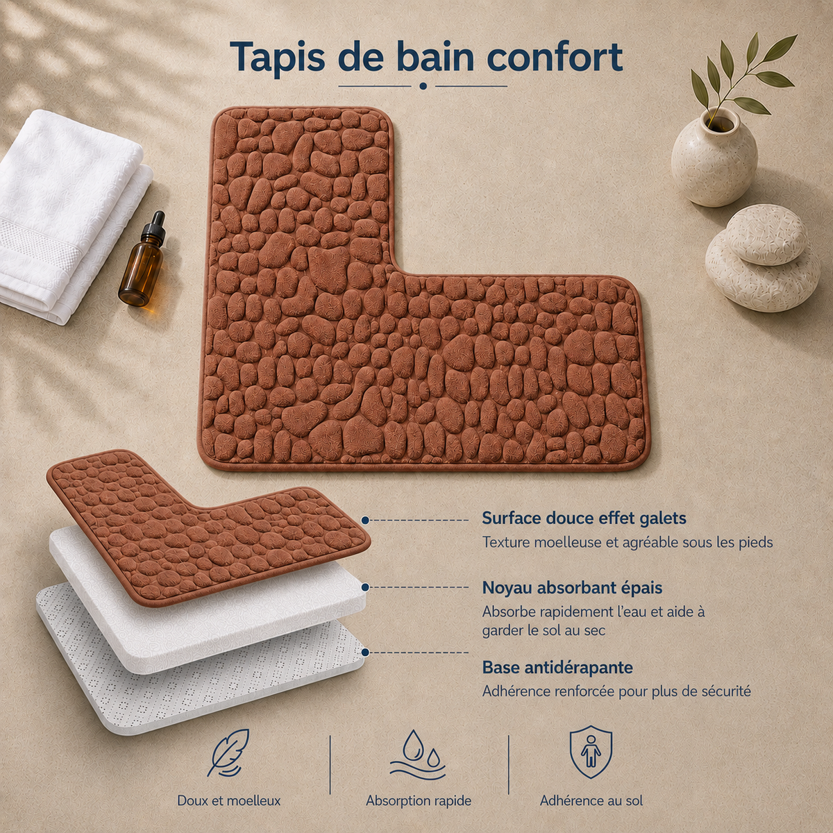 Tapis de bain d'angle effet galet