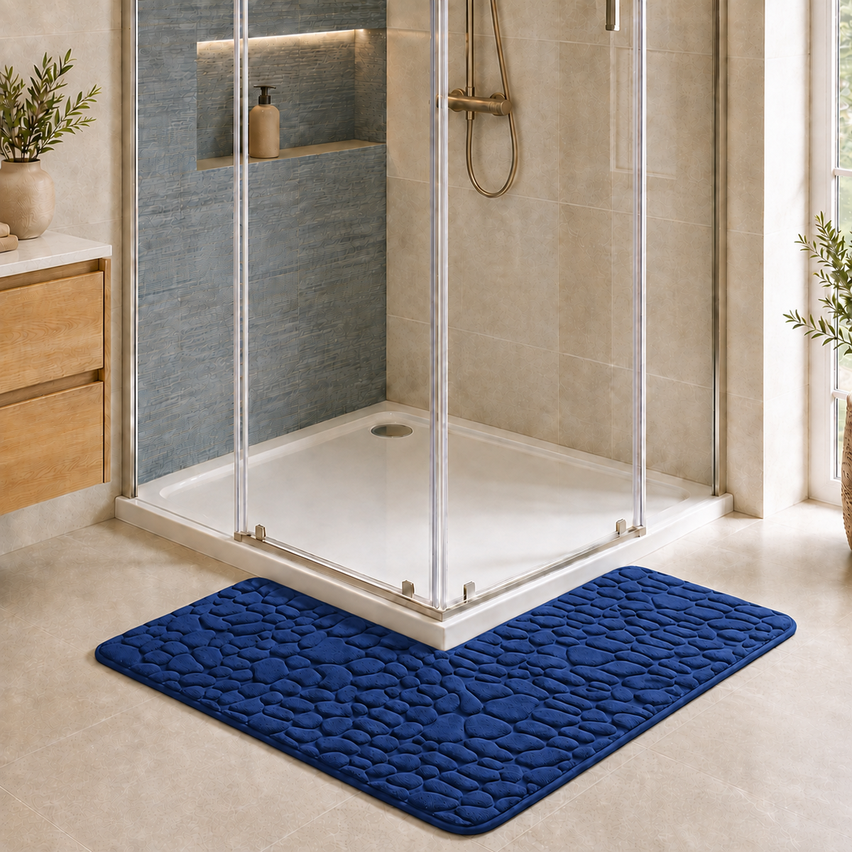 Tapis de bain d'angle effet galet
