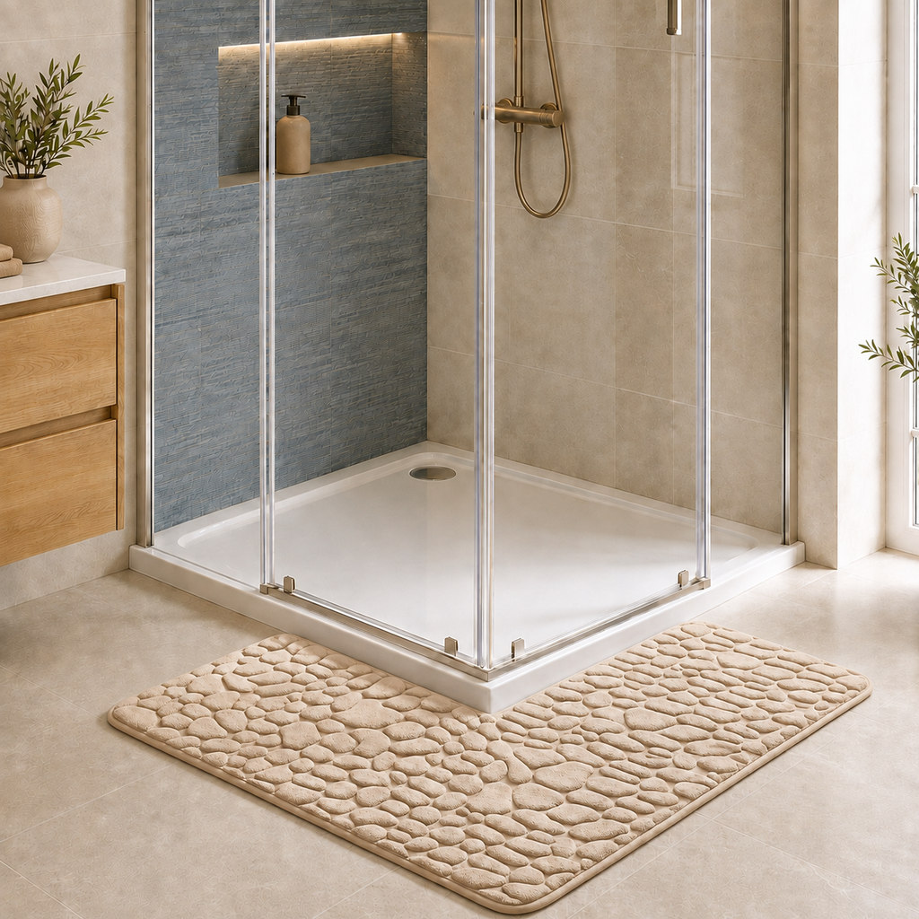 Tapis de bain d'angle effet galet