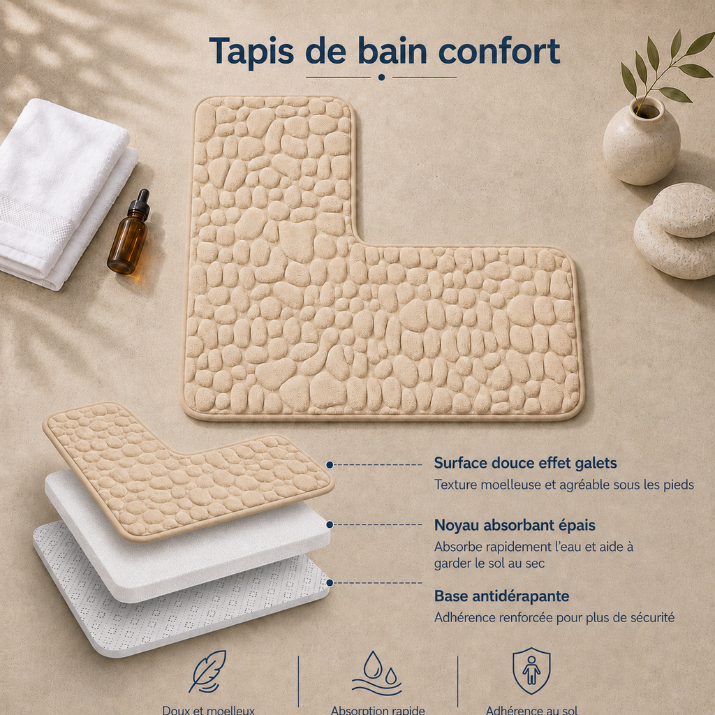 Tapis de bain d'angle effet galet