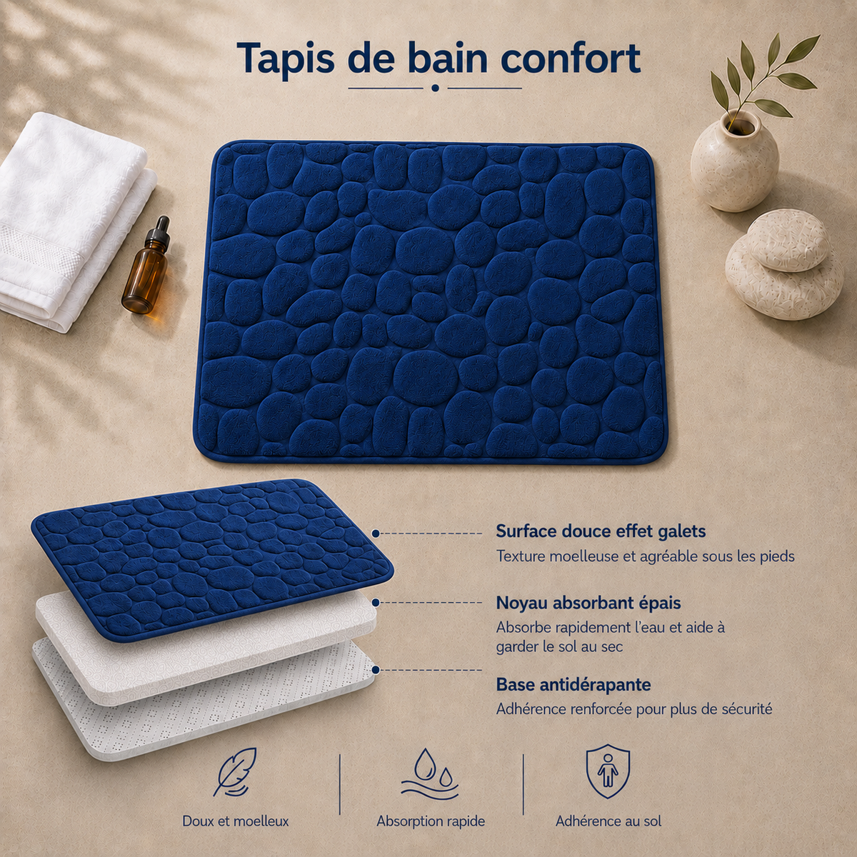 Tapis de bain effet galet rectangle