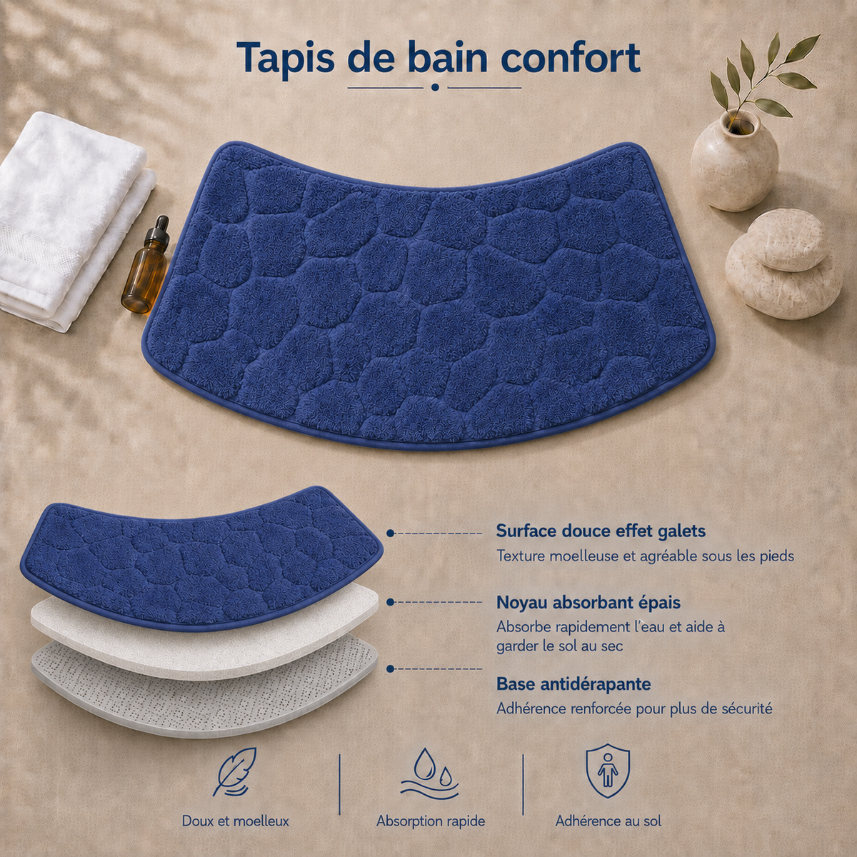 Tapis de bain effet galet incurvé