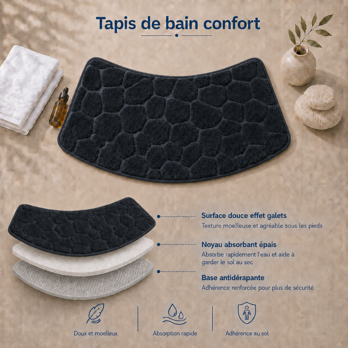 Tapis de bain effet galet incurvé