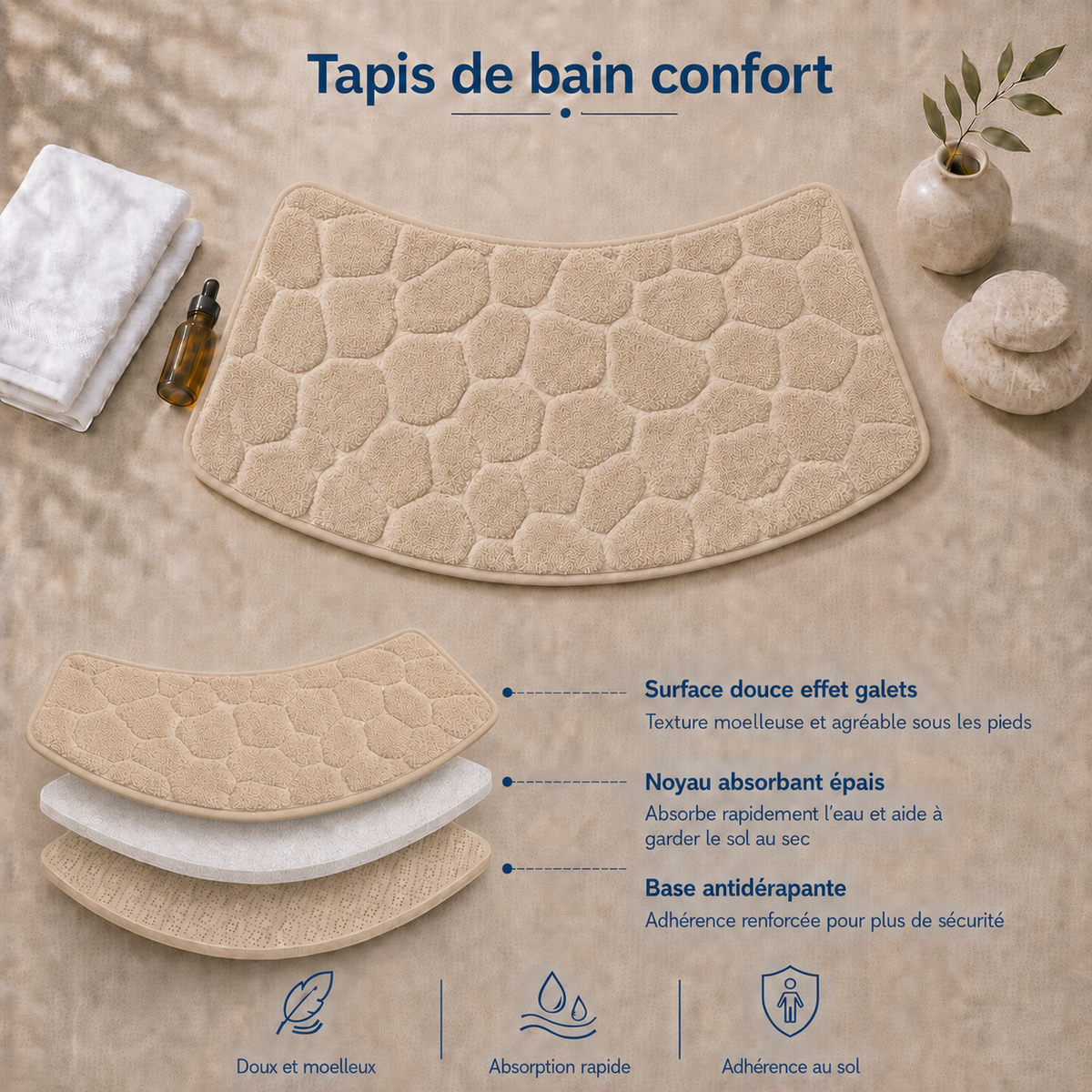 Tapis de bain effet galet incurvé