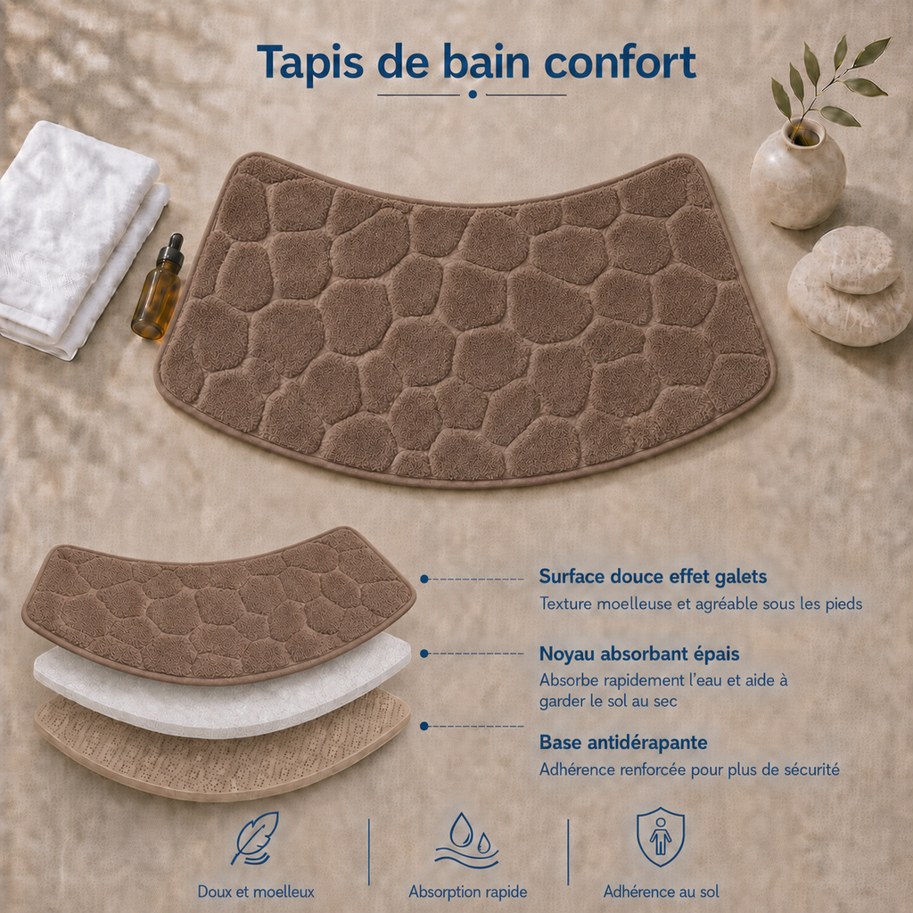 Tapis de bain effet galet incurvé