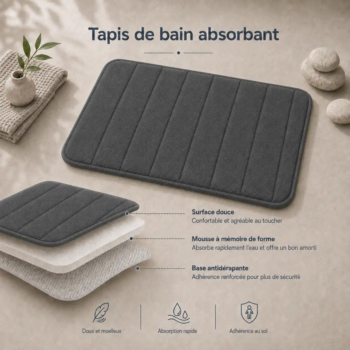 Set de 3 tapis de bain à mémoire de forme rayé