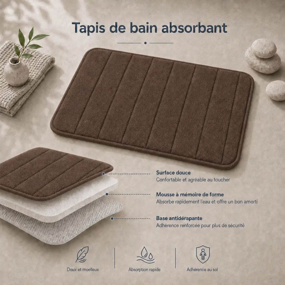 Set de 3 tapis de bain à mémoire de forme rayé