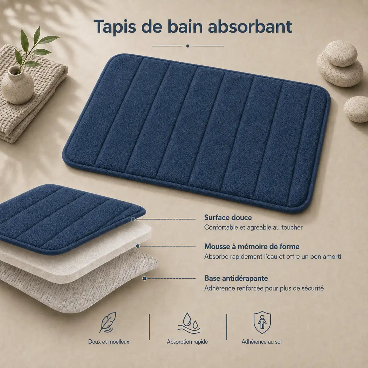 Set de 3 tapis de bain à mémoire de forme rayé